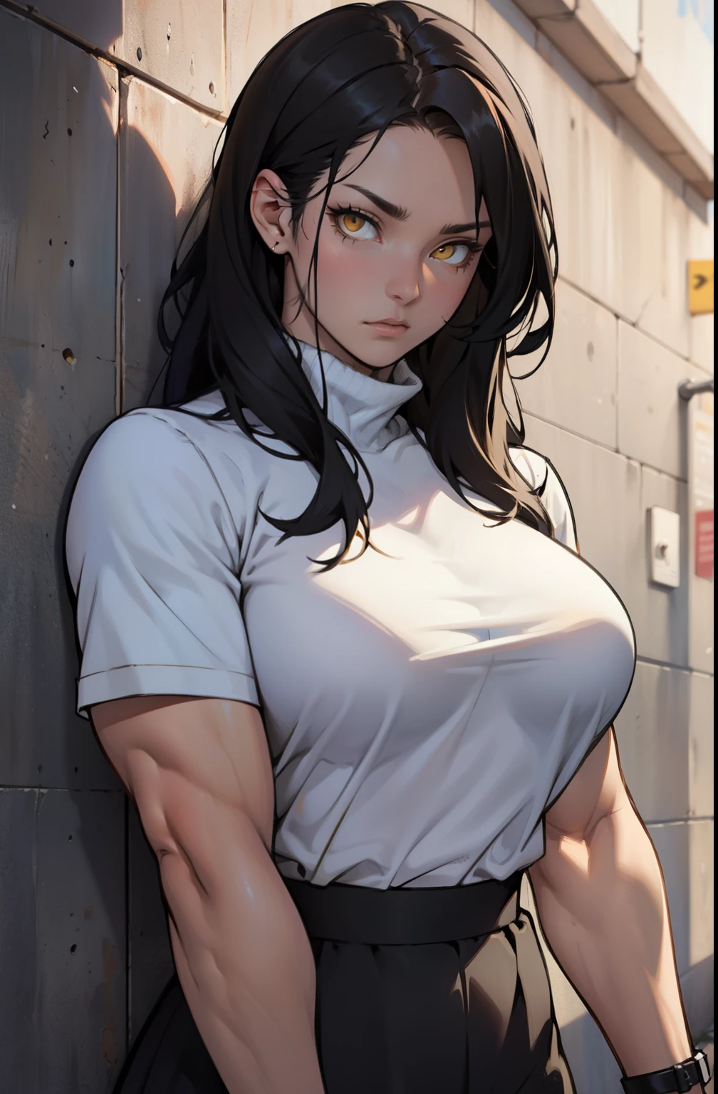 (muscular girl large breasts) against wall black hair yellow eyes expressionless