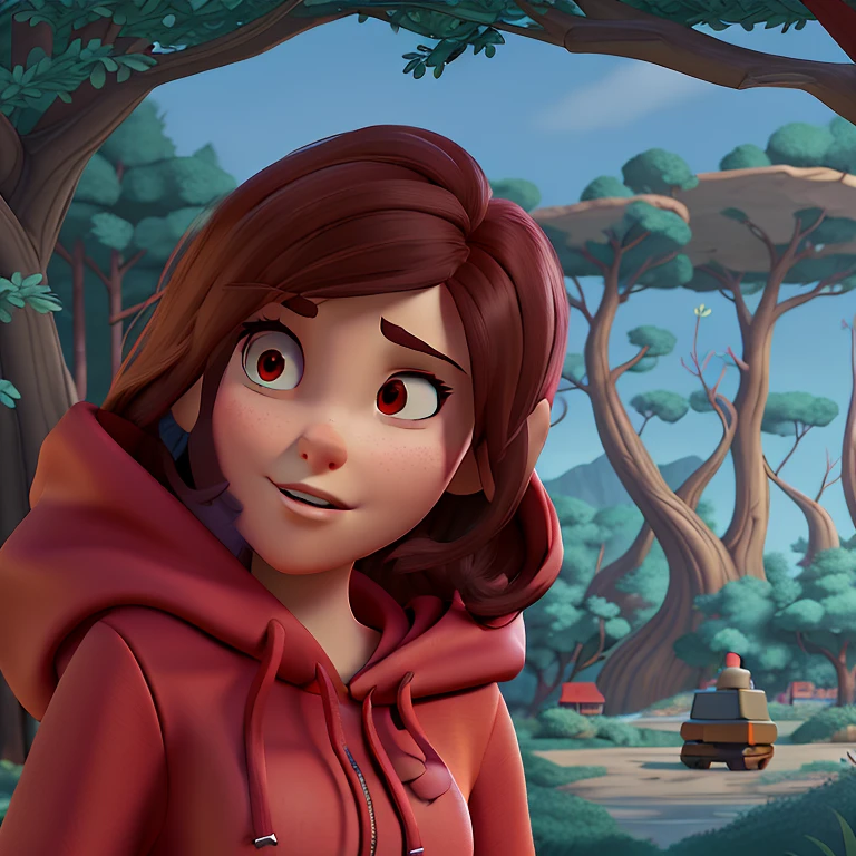 cartoon of a woman in a red hoodie standing in front of a tree, background artwork, point-and-click adventure game, detailed game art, background art, screenshot from the game, character art closeup, game illustration, portrait of max caulfield, character portrait closeup, closeup character portrait, game art, random background scene, stylized fantasy artwork, character close up