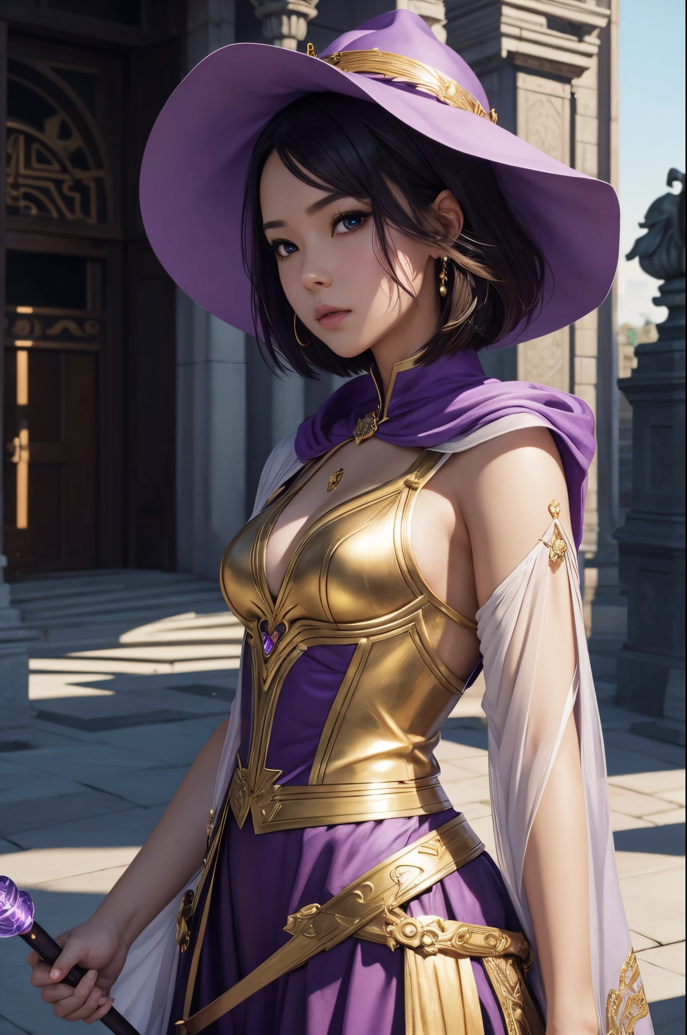 8K,ta girl,Goddess in purple costume and wizard's hat holding a magic wand, Super beautiful eyes,Golden eyes,light purple short bob hair,purple and gold skirt,small breasted goddess,very detailed Artgerm, ig model | ArtGerm, Style ArtGerm, style of artgerm, fanart best artstation, ! Dream ArtGerm, artgerm lau, Concept art | ArtGerm, cushart krenz key art feminine,超A high resolution,super realistic skin,kawaii,Fantasyart,character art,outside the big temple,