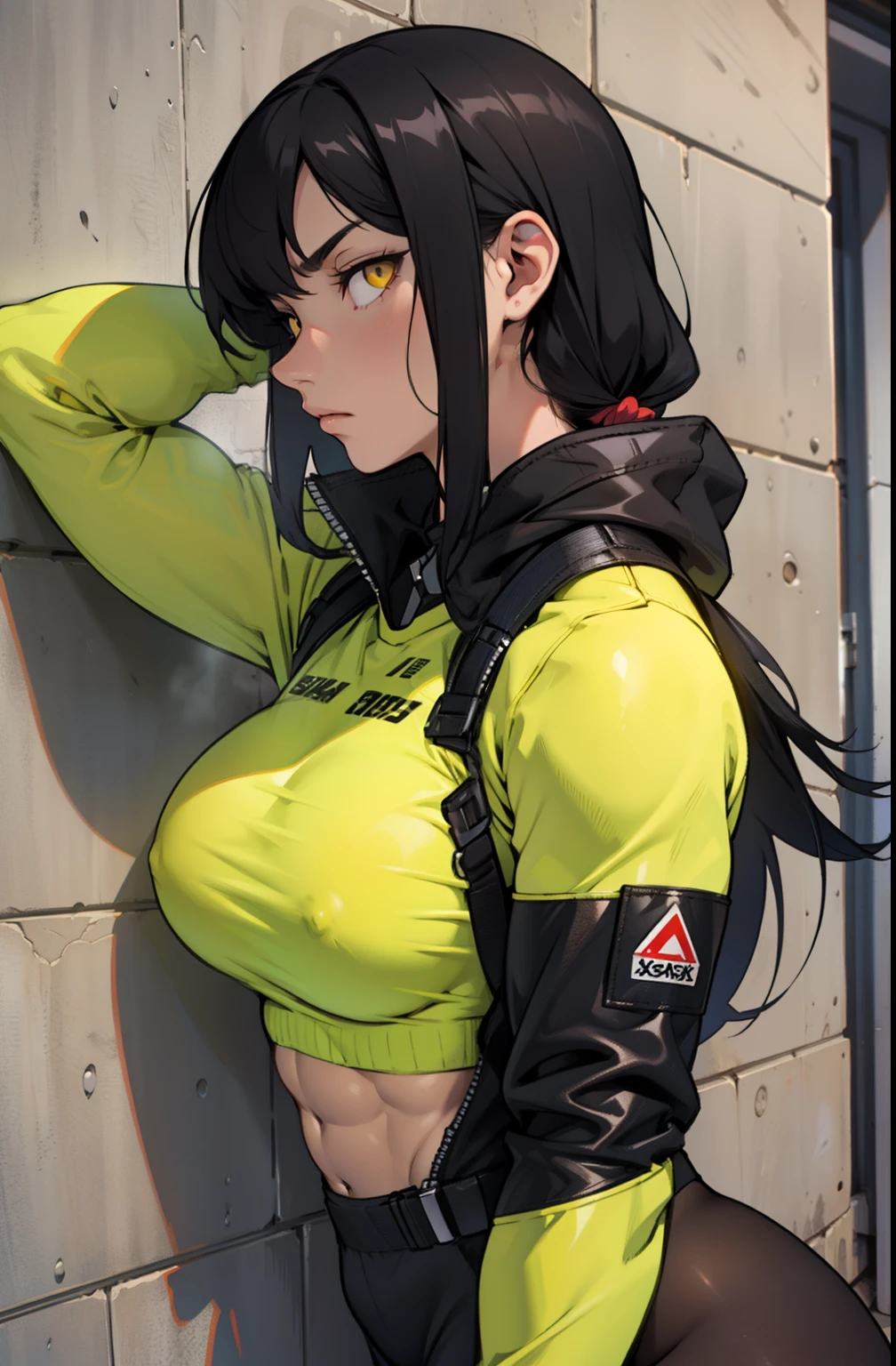 against wall black hair yellow eyes expressionless (muscular girl large breasts)