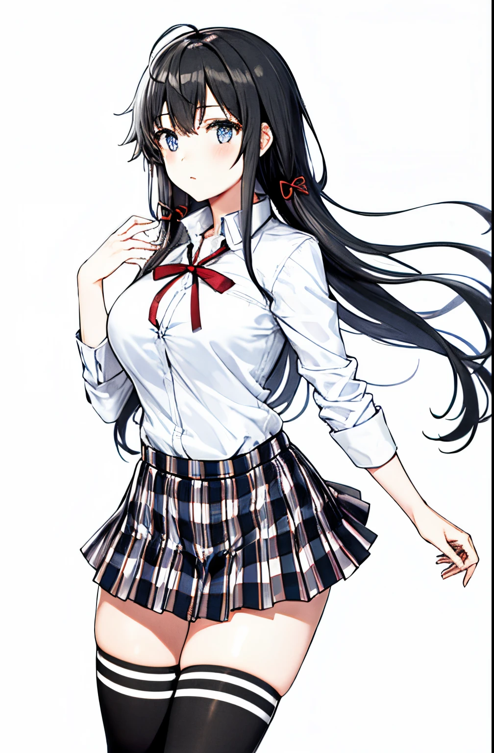 1 girl as yukino yukinoshita, absurdres, highres, solo, school uniform, big breasts, waist long black hair, (twintails:0.5), miniskirt, black thighhigh socks, loose red ribbon, unbuttoned white shirt