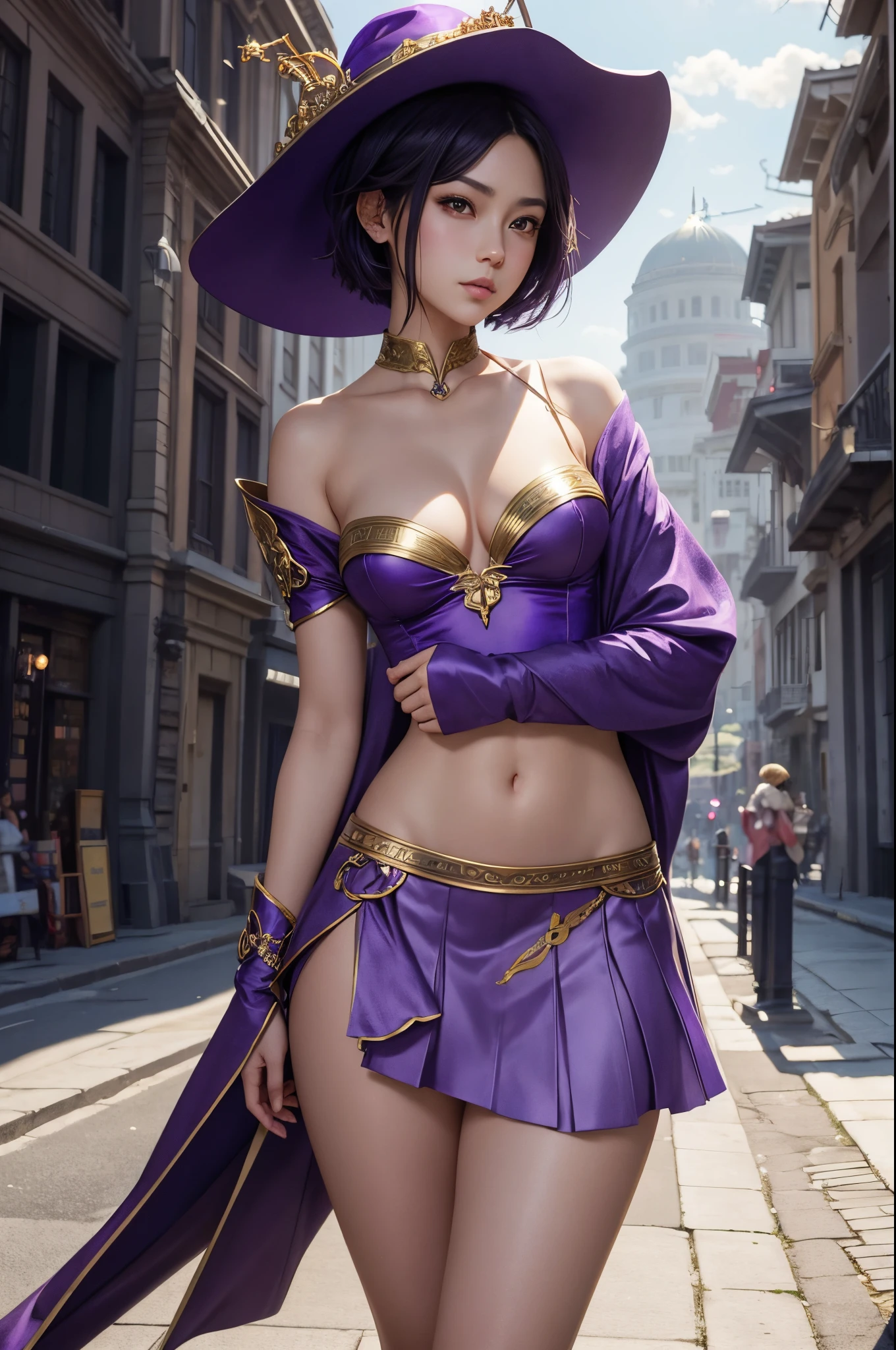 8K,Lolita girl,Goddess in purple costume and wizard&#39;s hat holding a magic wand, Super beautiful eyes,Golden eyes,light purple short bob hair,purple and gold skirt,small breasted goddess,very detailed Artgerm, ig model | ArtGerm, Style ArtGerm, style of artgerm, fanart best artstation, ! Dream ArtGerm, artgerm lau, Concept art | ArtGerm, cushart krenz key art feminine,超A high resolution,super realistic skin,kawaii,Fantasyart,character art,outside the big temple,