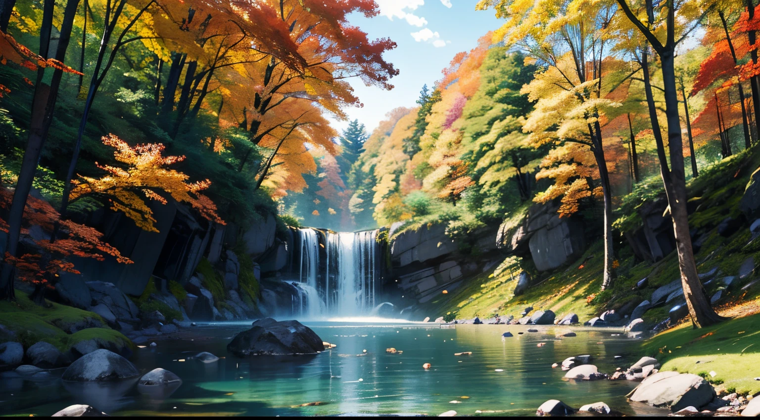 Best Quality、masutepiece、8K、（(falls、ln the forest)）、Colored leaves、shrines、autumnal