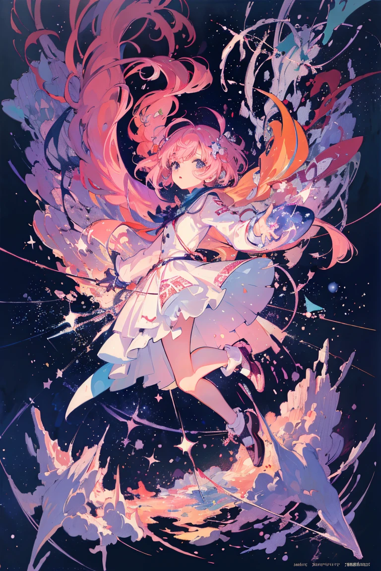 (​masterpiece、top-quality、Official art:1.2)、Look at viewers、(***********))、（jumper skirt）（Pink hair）（Panchira），star island、Scattered with water fragments、（Mercury group），floating colorful starry sky、(2D:1.5)