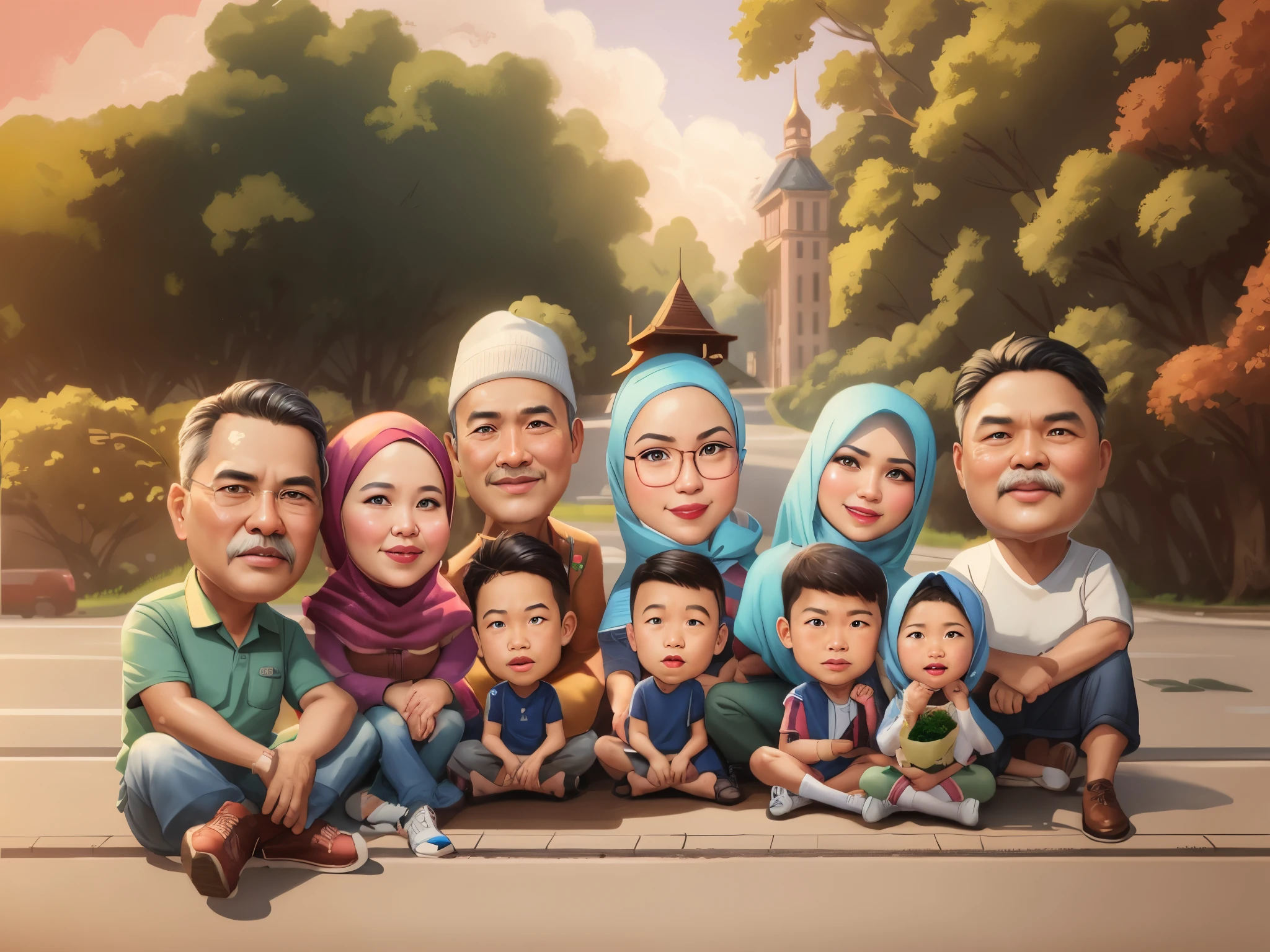 there are many people sitting on the curb of a street, caricature illustration, an indonesian family portrait, in cartoon style, cartoon art, realistic cartoon, digital art cartoon, cartoon digital painting, cartoon digital art, happy family, caricature style, cartoon style illustration, digital cartoon painting art, cartoon portrait, potrait, cartoon painting, cartoon artstyle, caricature, family portrait, hiperrealism:1.1, detail:1.2,bokeh