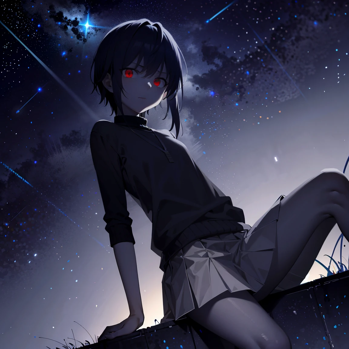 ​masterpiece, accel_nffsw,｛｝ jumper skirt, red eyes, up close shot, scattered night flash background, under the starry sky;Meteor shower background, ighly detailed, (murky:1.3), murky, The dim, nffsw, vignettes, Unclean, (Slate atmosphere:0.8)，Shining starry sky