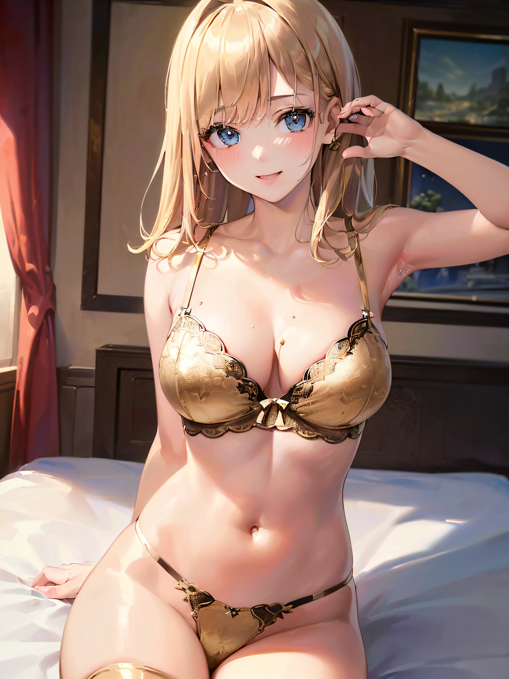(masterpiece,Best Quality:1.8),(8K,superfine illustration:1.5),(ultra-detailliert:1.8),(A woman who draws beautiful pictures),Cute Girl,Smile:1.6:(Metallic Gold,an lingerie:1.4),(Metallic Gold、See-through body stockings:1.2),(sexy pose:1.5),Sit up,(Bedrooms:1.6),Dynamic Angle,Random position,blue tone、