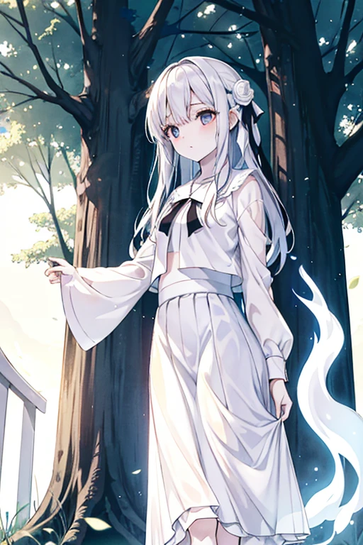 White ghost girl in translucent gauze skirt,Late afternoon,standing under a tree,Look at you with pale eyes