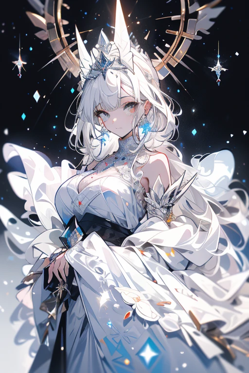 exquisite facial features,Girl in western style white wedding dress,Glazed eyequisite tiara and silver earrings,cabelos preto e longos,light snowing,Tree adhesive tape,cute big breasts、with black dragon