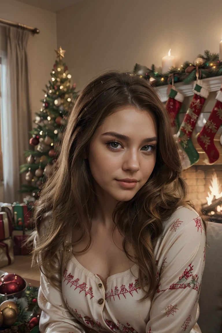 ((A happy couple in love)), ((woman with long brown hair wearing Christmas pajamas)), cuddle with ((a masculine man with short blonde hair and a full blonde beard wearing Christmas pajamas)), blue eyes, hair with many details, 8k artgerm bokeh, fanart best artstation, render photorealistic, guweiz-style art, inspired by WLOP, ig model | artgerm, detailed waist up portrait, stunning wait up portrait of realistic face, beautiful waist up portrait, deviantart artstation cgscosiety, cinematic realistic portrait, high quality portrait, elegant digital painting, photorealistic artstyle, ((Christmas living room background)), ((looking at the camera))