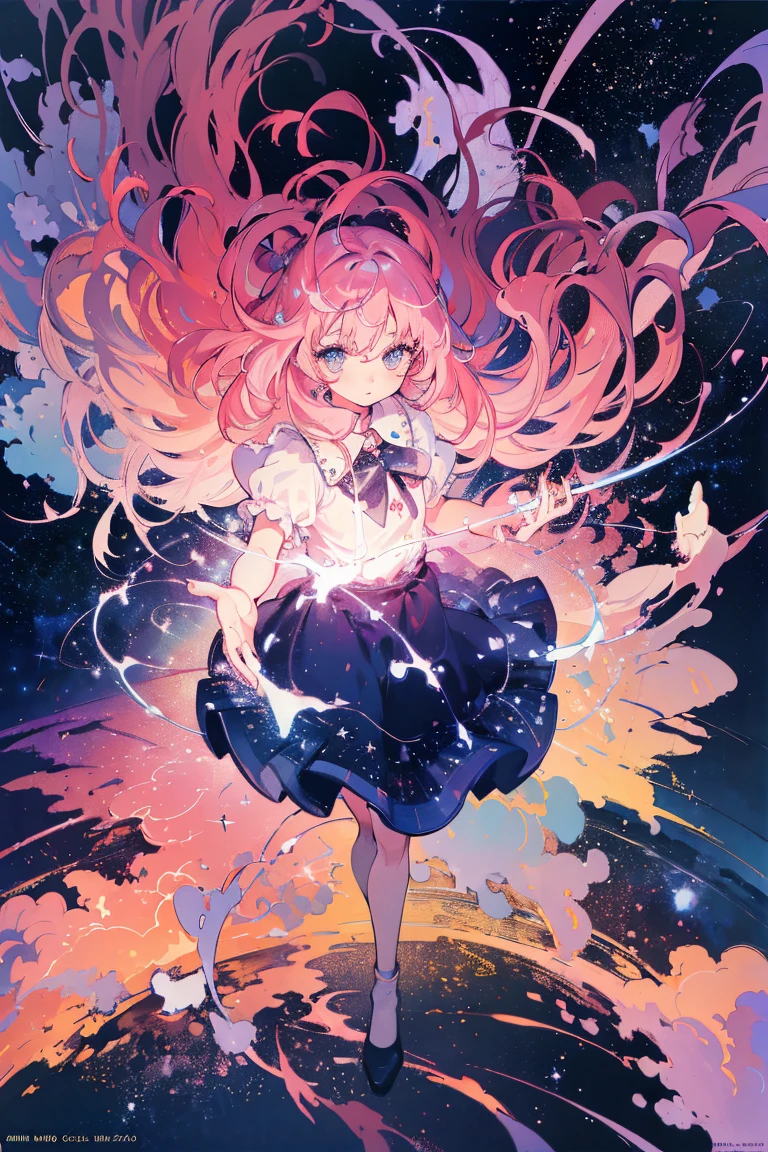 (masterpiece、top-quality、Official art:1.2)、Look at viewers、())、(jumper skirt)(Pink hair)(Panchira),star island、Scattered with water fragments、(Mercury group),floating colorful starry sky、(2D:1.5)