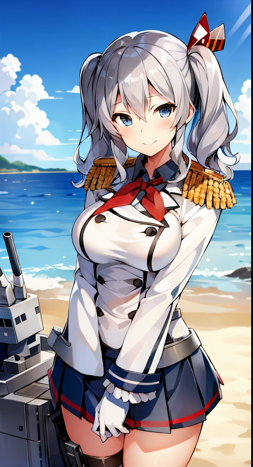 1girl, solo, masterpiece, best quality, standing, blue sky, ocean, ready for battle, serious, smile, KashimaRIG, kashima \(kancolle\),  grey hair, blue eyes, wavy hair, twin tails, tsurime, beret, epaulettes, frilled sleeves,  jacket, large breasts, long sleeves, military, military uniform, miniskirt, pleated skirt, red neckerchief, tsurime, white gloves, anchor, rigging, turret, gun, machinery, canon