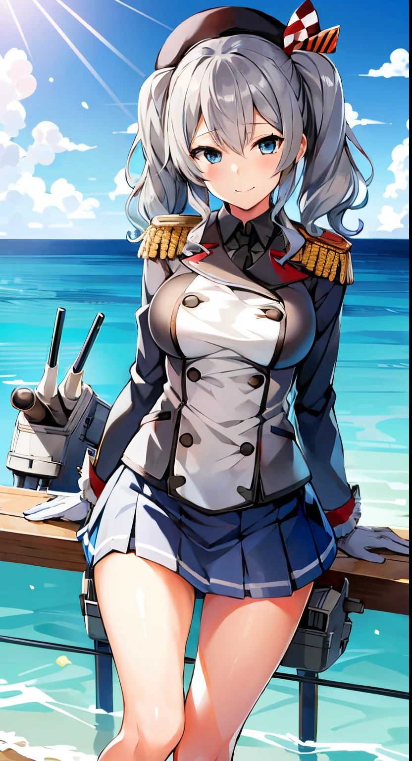 1girl, solo, masterpiece, best quality, standing, blue sky, ocean, ready for battle, serious, smile, KashimaRIG, kashima \(kancolle\),  grey hair, blue eyes, wavy hair, twin tails, tsurime, beret, epaulettes, frilled sleeves,  jacket, large breasts, long sleeves, military, military uniform, miniskirt, pleated skirt, red neckerchief, tsurime, white gloves, anchor, rigging, turret, gun, machinery, canon