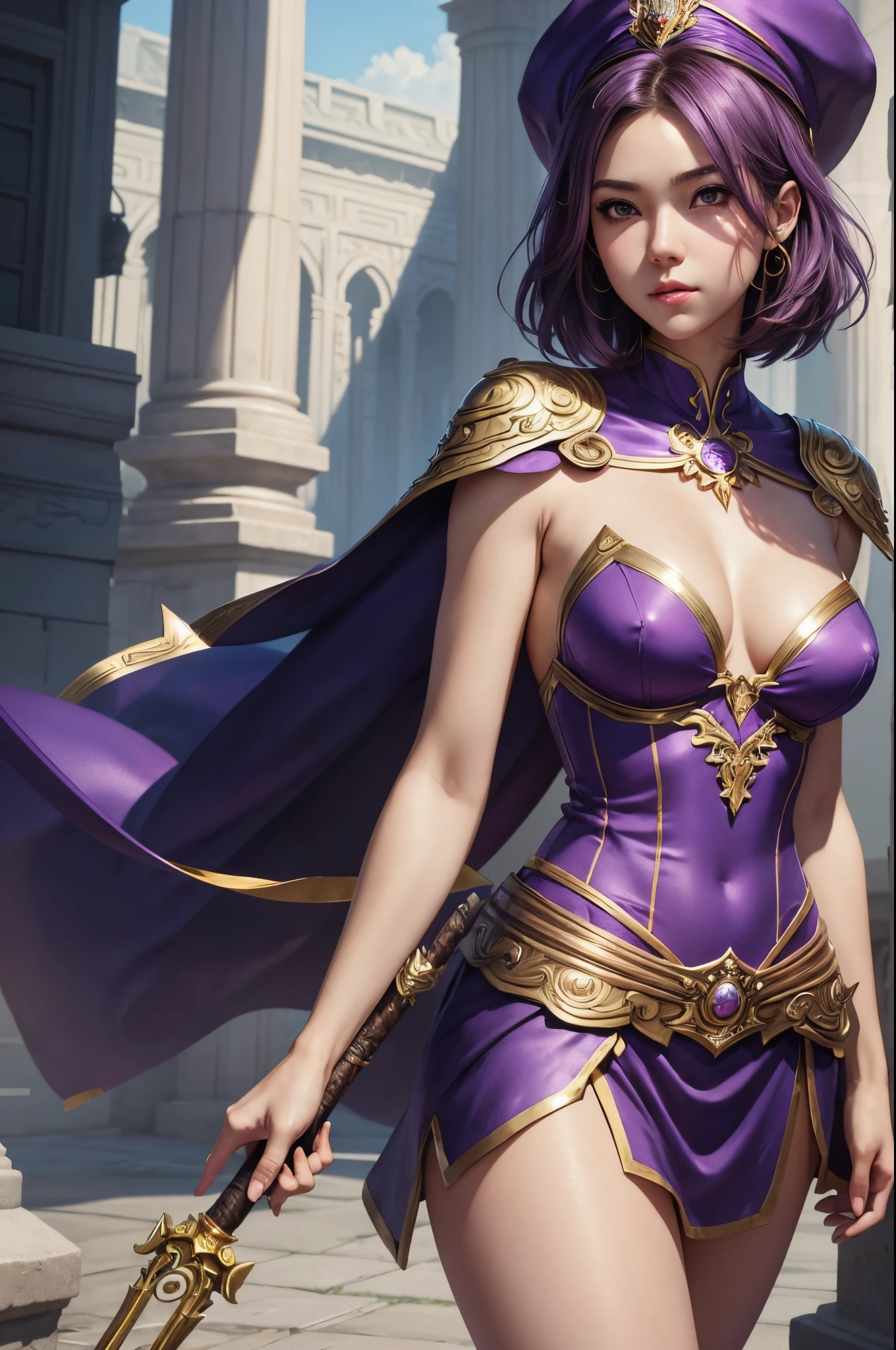 8K,A goddess with very small breasts,Goddess in purple costume and wizard&#39;s hat holding a magic wand, Super beautiful eyes,Golden eyes,light purple short bob hair,purple and gold skirt,small breasted goddess,very detailed Artgerm, ig model | ArtGerm, Style ArtGerm, style of artgerm, fanart best artstation, ! Dream ArtGerm, artgerm lau, Concept art | ArtGerm, cushart krenz key art feminine,超A high resolution,super realistic skin,kawaii,Fantasyart,character art,outside the big temple,