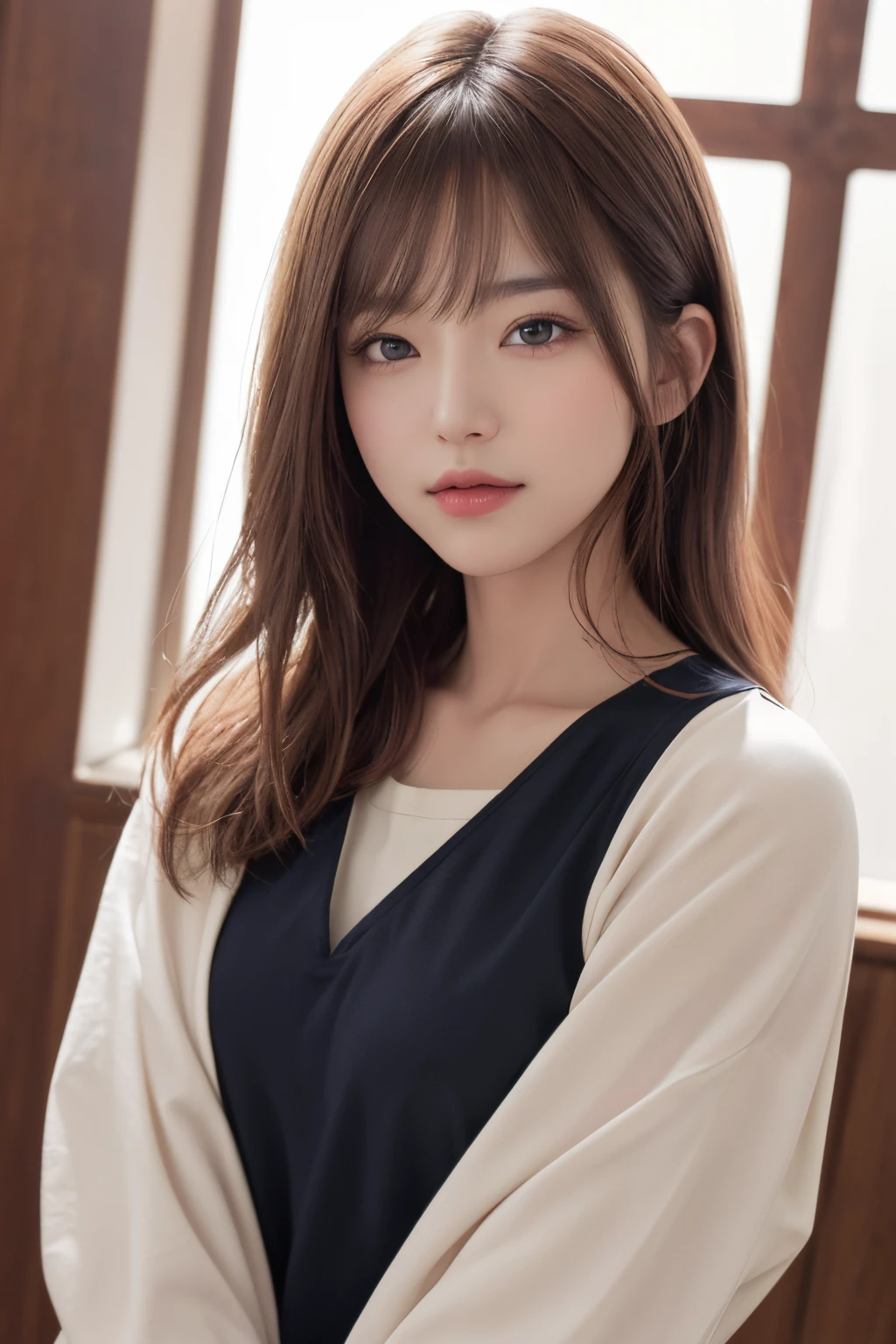 ​masterpiece, The highest image quality, hightquality, beautiful a girl, japanes, Japan schoolgirl, Popular Korean Makeup,Black Apron Dress、White blouses、stockings、 detaileds, Swollen eyes, A detailed eye, Detailed skin, Beautiful skins, 超A high resolution, (现实:1.4), very extremely beautiful, Slightly younger face, Beautiful skins, slender, (A hyper-realistic), (hight resolution), (8K), (beautifully detailed eyes), (ultra-detailliert), (wall-), (详细的脸), looking at the viewers, finely detail、A detailed face、pureerosfaceace_v1、A smile、Looking straight ahead、From thigh up、photos realistic、Bright lighting、length hair、Winter City