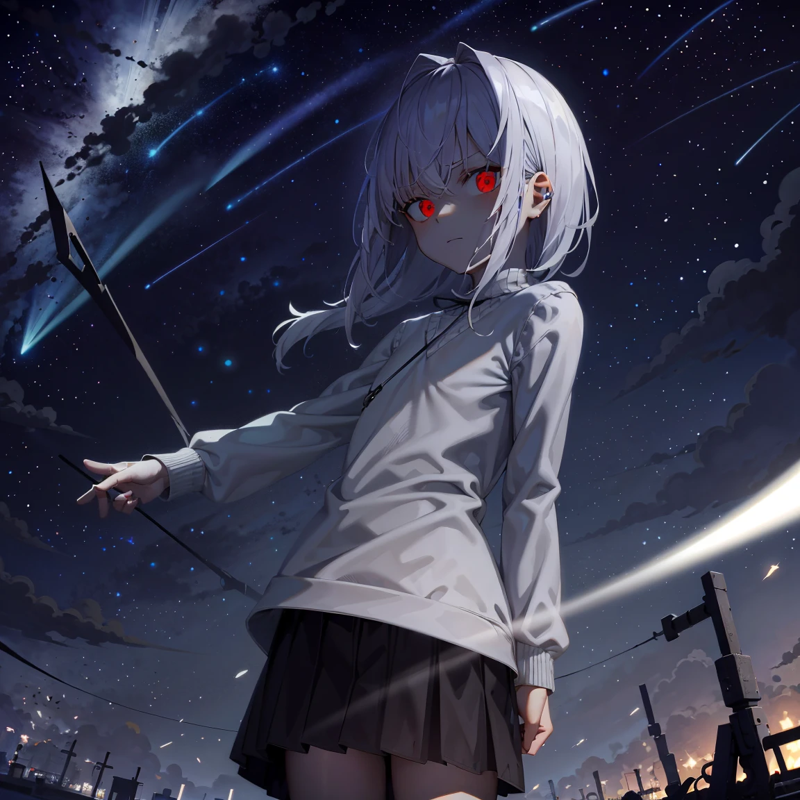 ​masterpiece, accel_nffsw,｛｝ jumper skirt, red eyes, up close shot, scattered night flash background, under the starry sky;Meteor shower background, ighly detailed, (murky:1.3), murky, The dim, nffsw, vignettes, Unclean, (Slate atmosphere:0.8)，Shining starry sky