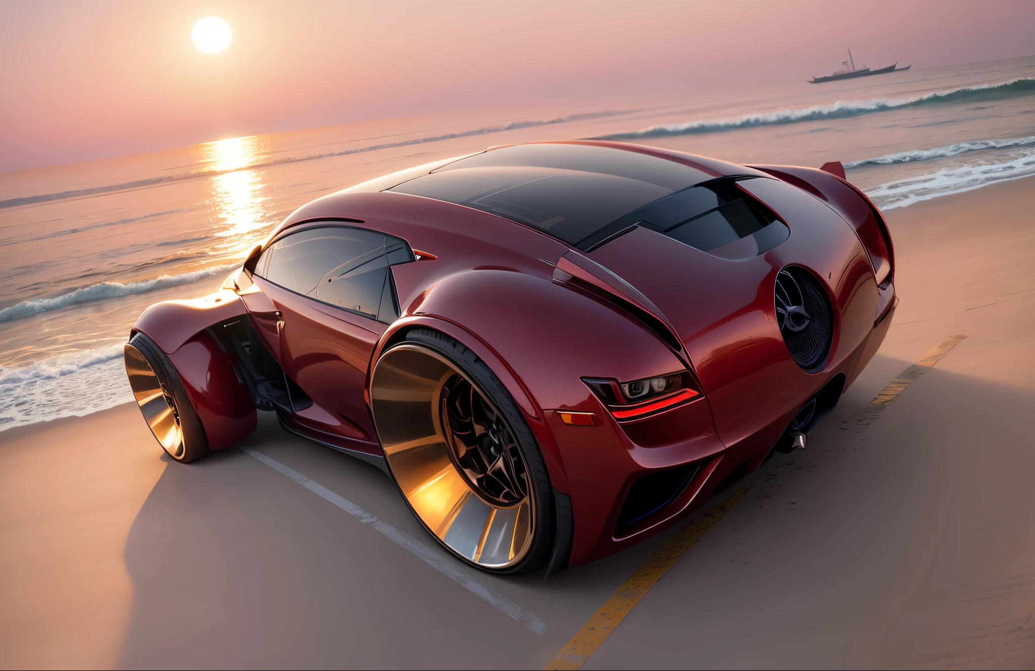 Um Red Lexus Car com praia, boats and yachts at sunset by Syd Mead