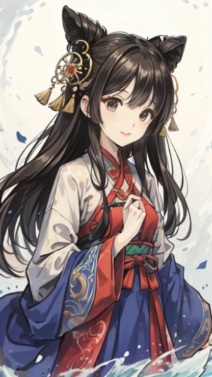 "Extremely detailed CG unity 8k wallpaper，tmasterpiece，Best Picture Quality，【😊Colored Forest，depth of fields，Lots of splashing water droplets:1.2，petals，surrounded by toys，ventania，leafs，grassy fields，volumettic light】black hair color hair，china idol，The face  red，Hanfu，ssmile，Half of the body  in water，Chinese style Hanfu，Air bangs，