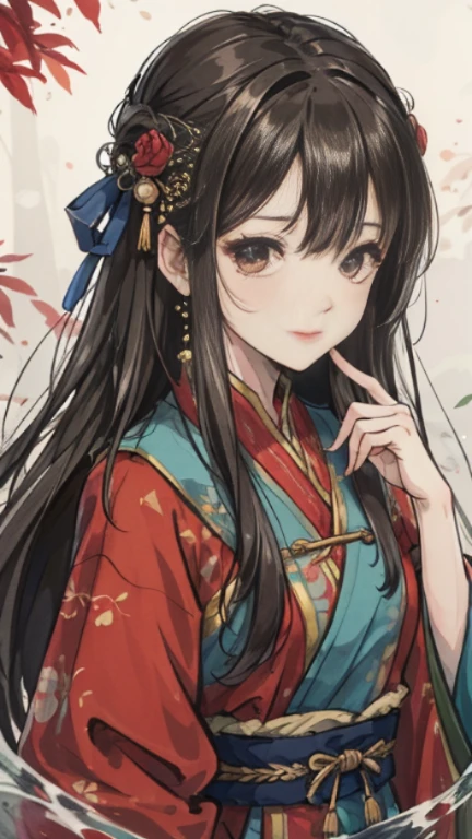 "Extremely detailed CG unity 8k wallpaper，tmasterpiece，Best Picture Quality，【😊Colored Forest，depth of fields，Lots of splashing water droplets:1.2，petals，surrounded by toys，ventania，leafs，grassy fields，volumettic light】black hair color hair，china idol，The face  red，Hanfu，ssmile，Half of the body  in water，Chinese style Hanfu，Air bangs，
