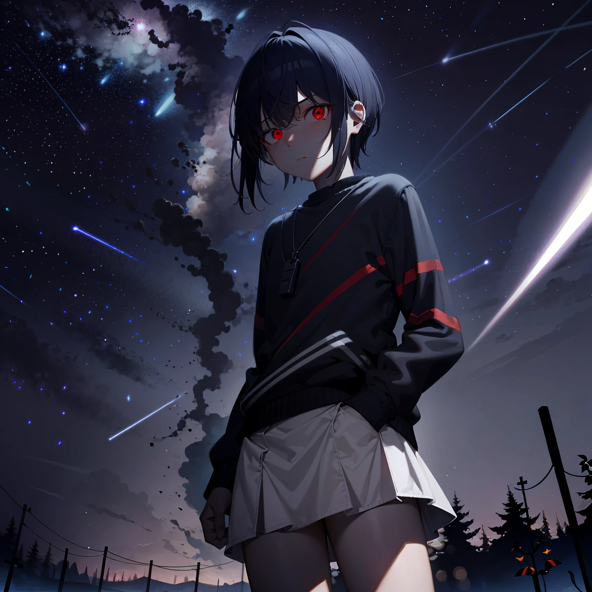 ​masterpiece, accel_nffsw,｛**********｝ jumper skirt, red eyes, up close shot, scattered night flash background, under the starry sky;Meteor shower background, ighly detailed, (murky:1.3), murky, The dim, nffsw, vignettes, Unclean, (Slate atmosphere:0.8)，Shining starry sky