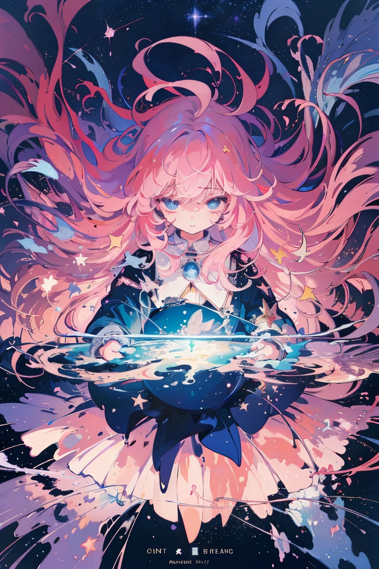 (masterpiece、top-quality、Official art:1.2)、Look at viewers、())、(jumper skirt)(Pink hair)(Panchira),star island、Scattered with water fragments、(Mercury group),floating colorful starry sky、(2D:1.5)