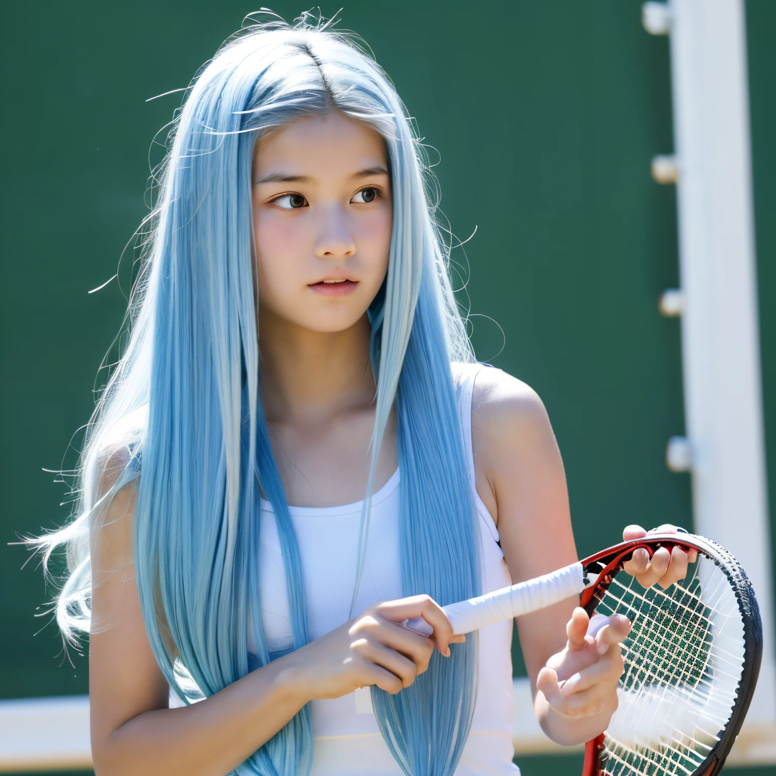 A young man with long light blue hair tied in a knot is playing tennis