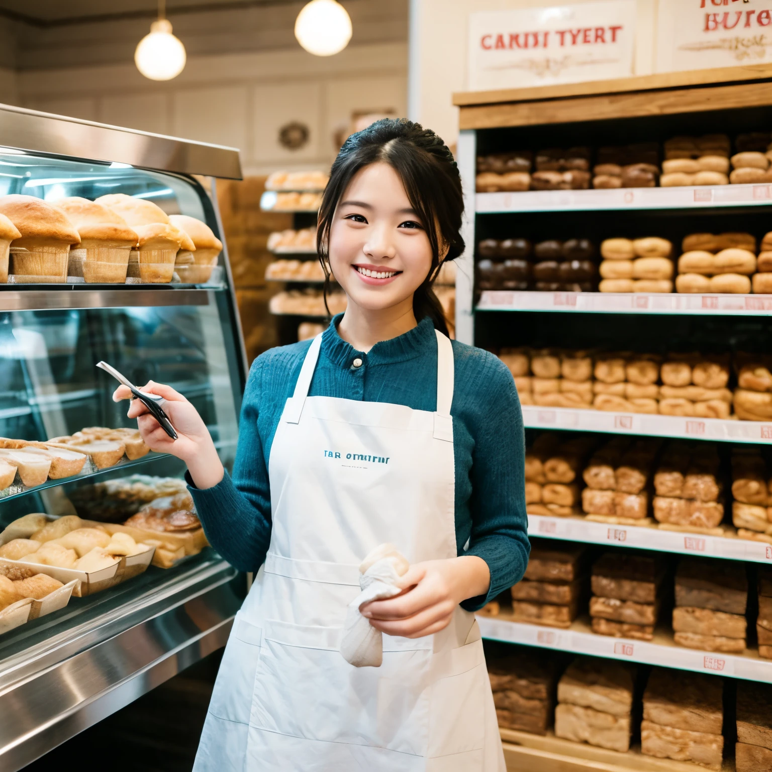 Woman in white apron standing in front of a bakery display case - SeaArt AI