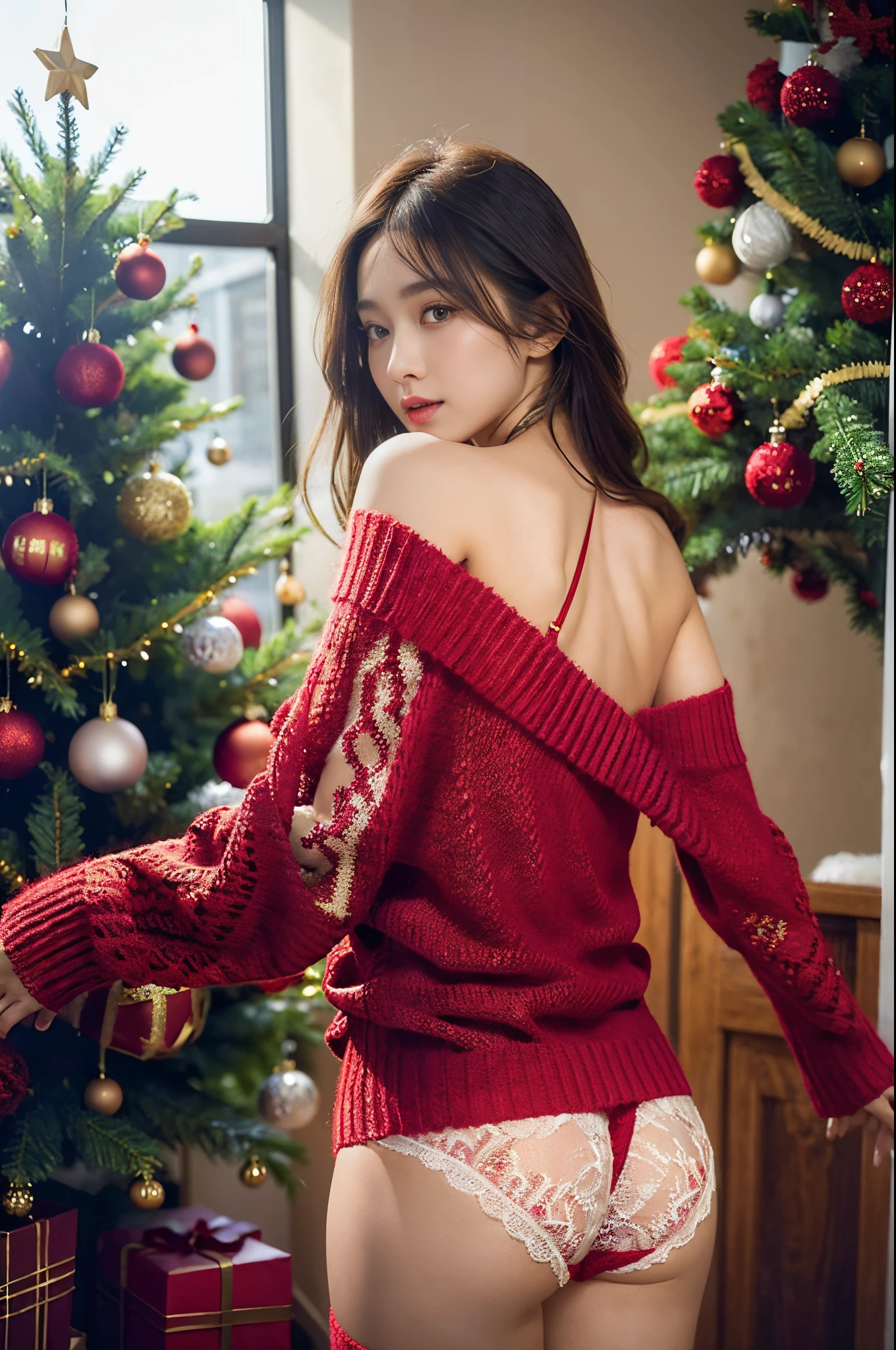 (1young girl), (backwards:1.5), looking back, (highly detailed Beautiful face), Amazing face and eyeest Quality:1.4), (Ultra-detailed), (extremely detailed CG unified 8k wallpaper), Highly detailed, High-definition raw color photos, Professional Photography, Realistic portrait, Amazing face and eyes, (off shoulder red sweater:1.5), (Christmas, Christmas Ornaments, Christmas tree), Indoor, School, classroom, (sheer lace panties:1.3), depth of fields, (view from below:1.25),