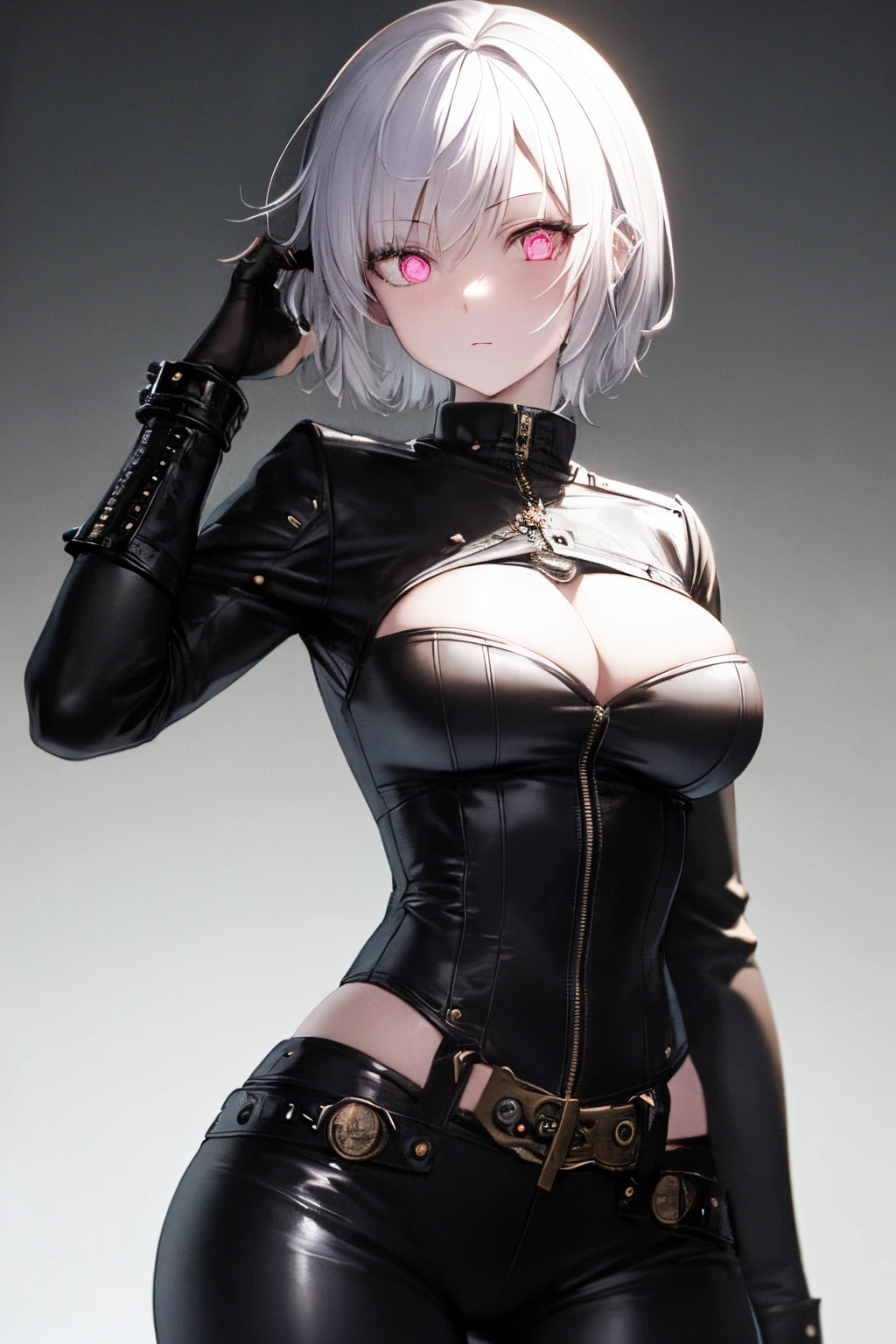 1girl, short white hair(punk), glowing eyes, pink eyes, pale skin, blue veins, wearing leather bodice, steampunk, intricate detail, chiaroscuro, absurdres, high res, ultrasharp, 8k, masterpiece, looking at viewer