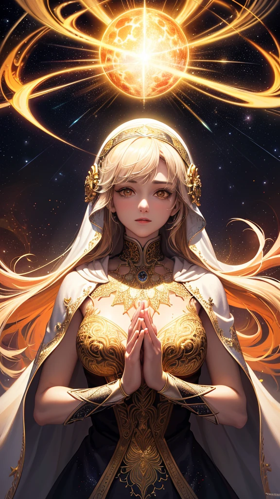 (masterpiece, top quality, best quality, official art, beautiful and aesthetic:1.2), (1girl), extreme detailed, (fractal art:1.3), colorful, highest detailed, perfect face, upper body, HDR, (praying:1.3), (white cloak golden lines:1.2), galaxy, (light streaks), striking visuals, (dynamic streaks, luminous trails:1.2), vibrant colors,