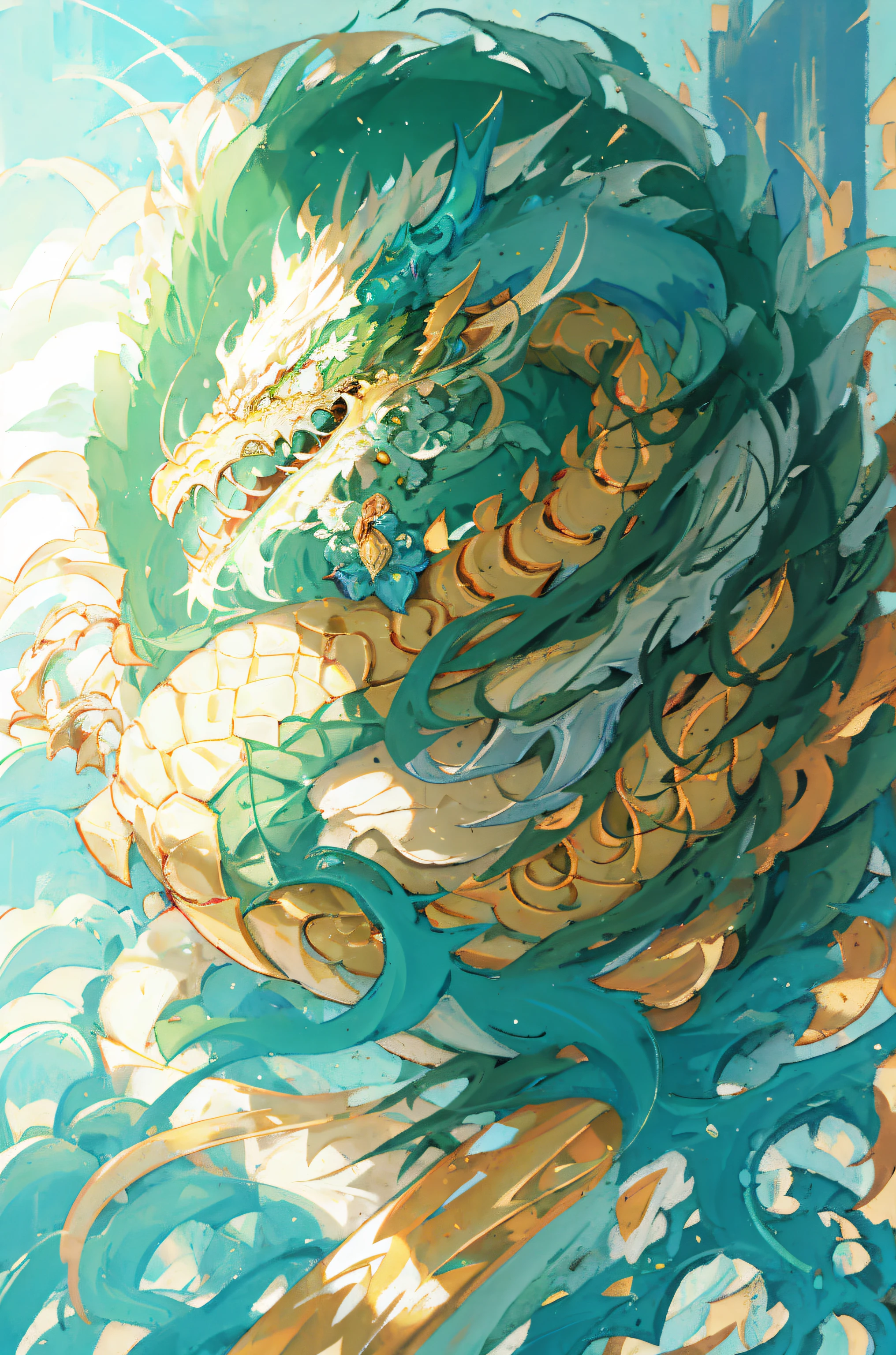 Logo, masterpiece, (on white background: 1) green Chinese dragon, surrounded by gold dust, black flowers, trees, petals, wind, god, long wavy body, fangs, fantasy, mythology, high quality, highly detailed, masterpiece, epic, particle effects, dynamic effects, sun in background