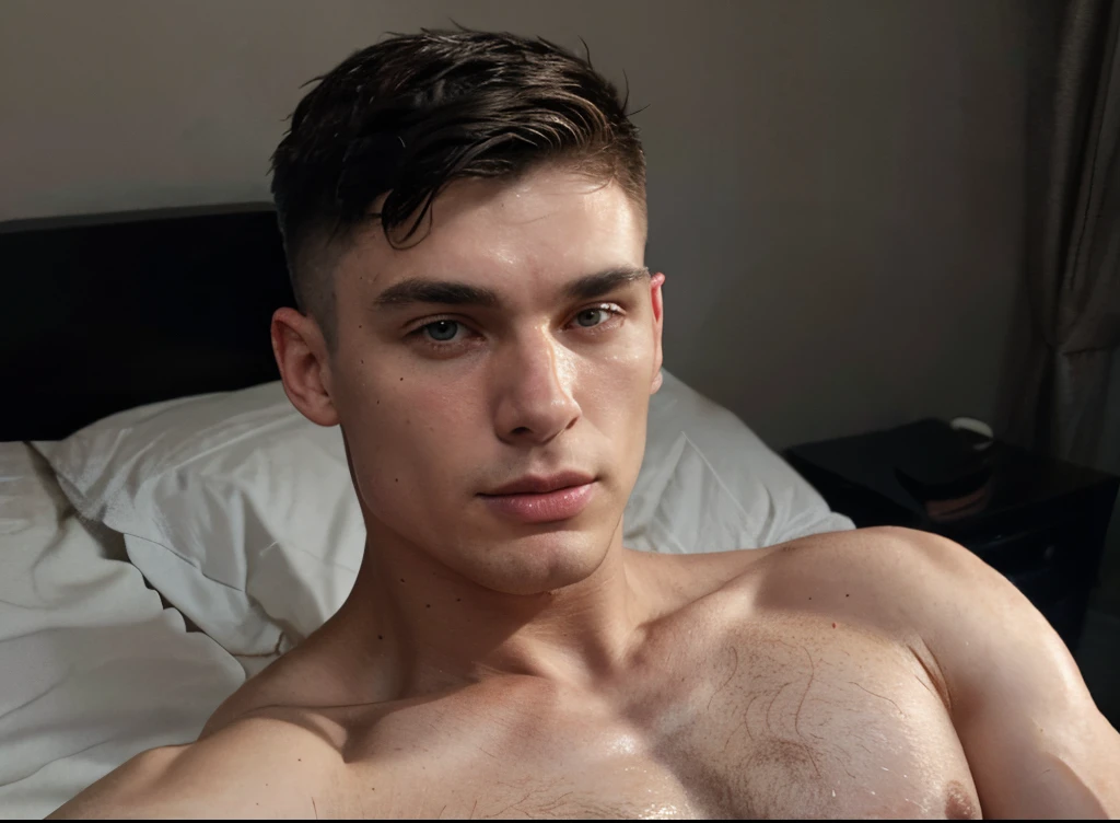 23 year old male, handsome, cillian murphy (black short buzz military haircut, fade haircut, small nose, chad jawline, big dark eyes, athletic, well built, fit,) naked full chest selfie in bed