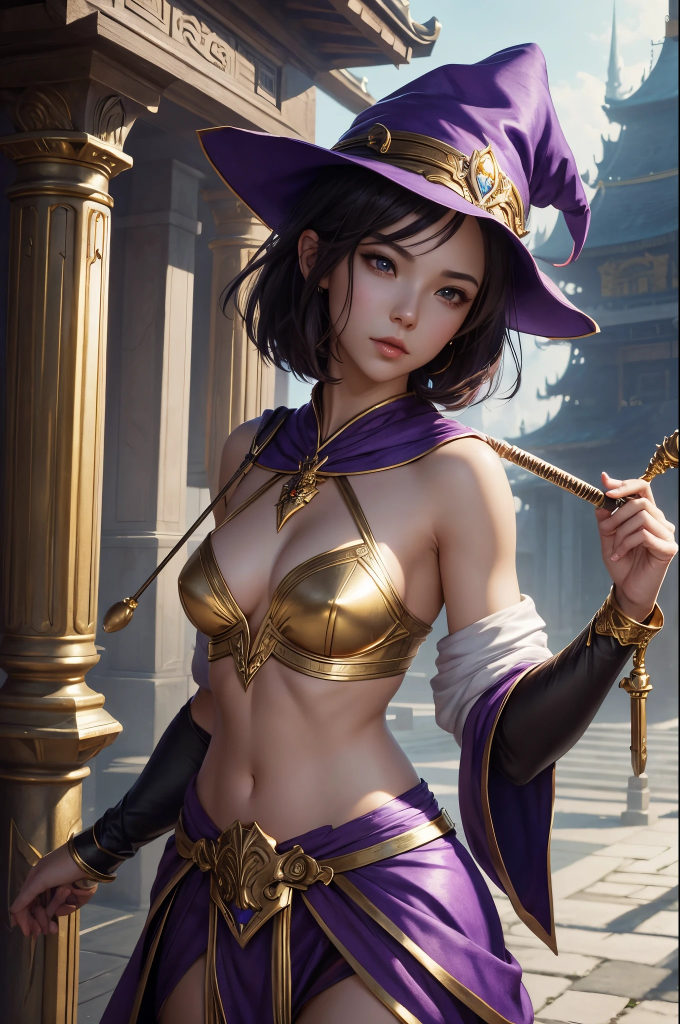 8K,A goddess with very small breasts,Goddess in purple costume and wizard's hat holding a magic wand, Super beautiful eyes,Golden eyes,light purple short bob hair,purple and gold skirt,small breasted goddess,Rugged look,very detailed Artgerm, ig model | ArtGerm, Style ArtGerm, style of artgerm, fanart best artstation, ! Dream ArtGerm, artgerm lau, Concept art | ArtGerm, cushart krenz key art feminine,超A high resolution,super realistic skin,kawaii,Fantasyart,character art,outside the big temple,Wizard Hat(Golden decoration)