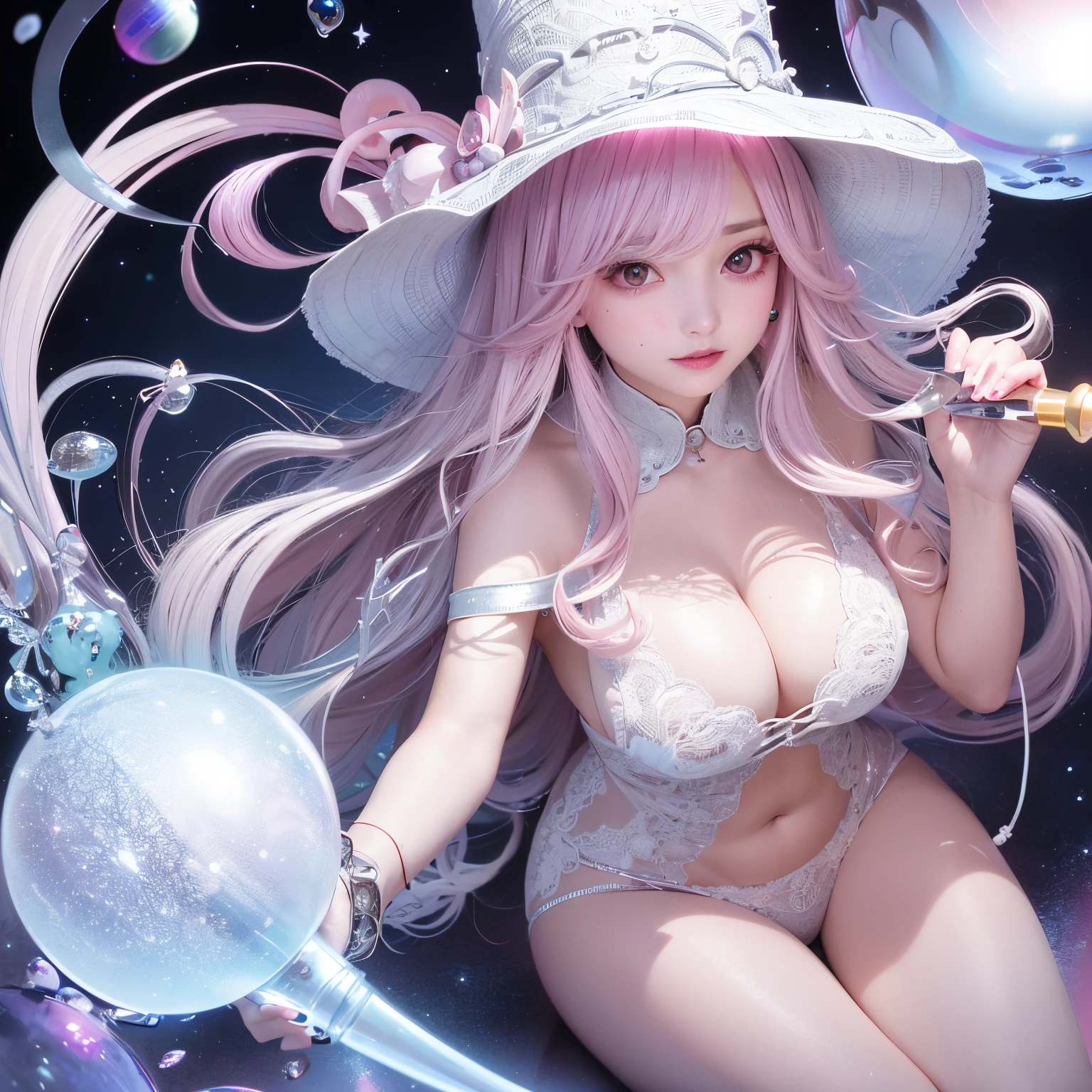 The upper part of the body、one girls、i have silver hair color、Two-tone、(Pink Highlight Hair、curly hair magician、Wizard Hat、very Bigger breasts、Has a shining wand、Countless glowing spheres float、Glowing soap bubbles、