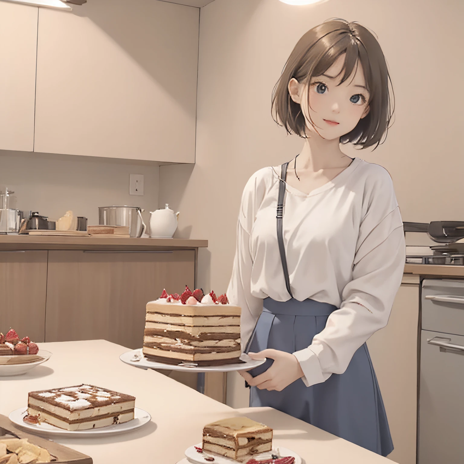 hightquality、masuter piece、8K、Photorealistic anime drawings、（(1girl in、during a meal)、14years、short-hair、a blue skirt、white  shirt、confident facial expression)、in a house、(The table、Mille-feuille cake)