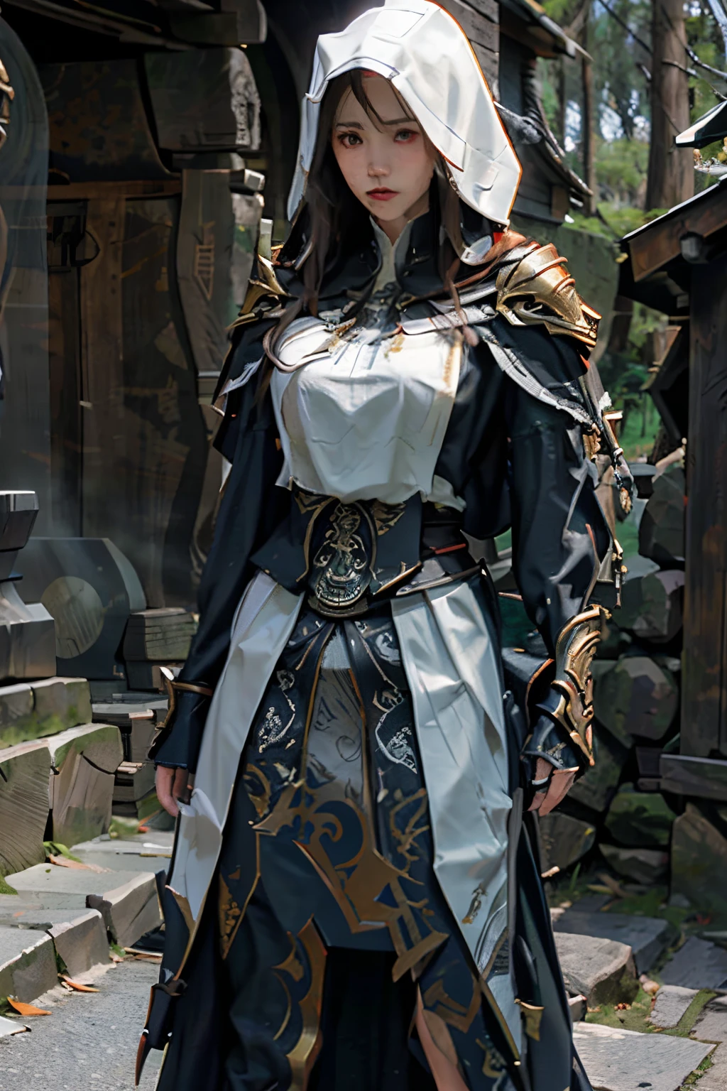 scarfed skinny female assassin doing badass pose, badass pose, white hood,  golden should amor, armoured, assassin, assassin's creed, aerodynamic frame, white robe, armored, dagger, golden shoulder armor, armored dress, dagger, assassin pose, hood, hooded, female assassin, beautiful female assassin, 4k detailed art, tyler edlin fantasy art, inspired by Magali Villeneuve, 4k fantasy art, ultra detailed lighting, ultra detailed game art, portrait ezio auditore as female, magali villeneuve', alena aenami and artgerm, detailed digital 2d fantasy art