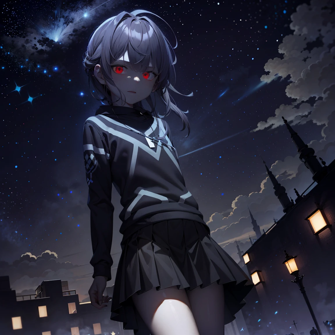 ​masterpiece, accel_nffsw,｛**********｝ jumper skirt, red eyes, up close shot, scattered night flash background, under the starry sky;Meteor shower background, ighly detailed, (murky:1.3), murky, The dim, nffsw, vignettes, Unclean, (Slate atmosphere:0.8)，Shining starry sky