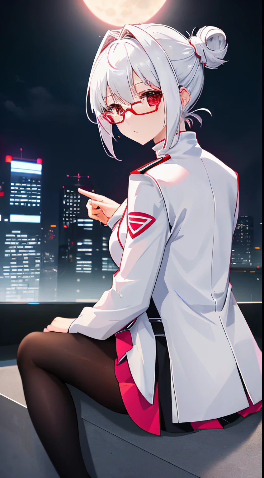 (high quality:1.1), (high resolution:1.1), a girl, , white hair, short haircut, top knot, red glasses, gentle red eyes, mole under her eye, long flare skirt, black tights, white and light pink futuristic jacket, black turtleneck, low skin exposure, white boots, sitting on a rooftop of a futuristic building, facing away from the camera, looking back at the camera, full moon night