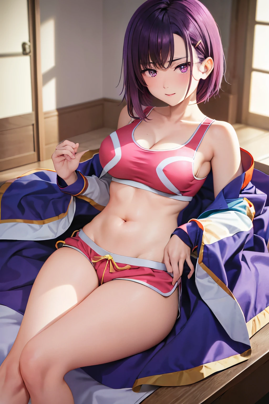 Masterpiece、top-quality、girl1、ultra-detailliert、Mikazuki Shizuka　Purple hair、short-hair、hair clips　Purple Eyes　red blush　Sportsbra、shortpants　cleavage of the breast、Soft thighs、Beautiful belly、muscular body　Boldly open legs