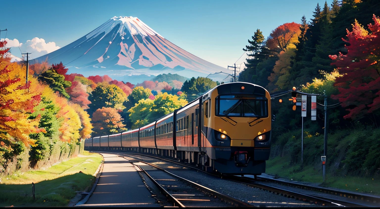 Best Quality、masutepiece、8K、（(Mt fuji)、Mare）、bullet train、autumnal