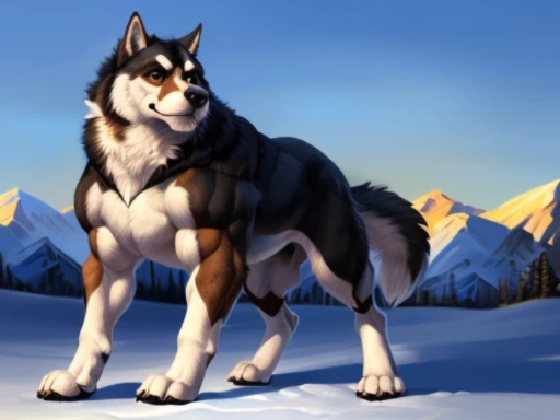 Muscular wild Alaskan Malamute posing for the camera, (pelaje blanco, pelaje negro:1.1), 4k, High resolution, La mejor calidad, colores perfectos, Sombras perfectas, Perfect lighting, Publicado el E621, cuerpo peludo, (Cuerpo asilvestrado, Perro salvaje, quadruped dog:1.10), Alaskan Malamute, solamente, masculino, , Masculino, (muy musculoso, aficionado, Pectorales, Thick construction:1.5), (pecho fuerte, Pectorales, biceped, pantorrillas, muslo musculoso, Pecs:1.4), anatomy correct, (Piel fotorrealista, Piel detallada, epopeya, Obra maestra:1.2), (Fondo invernal, Noche), sexy and gloomy Taran Fiddler), (ojos detallados:1.2), stunning physique, Pose segura, pose fuerte, orgulloso, pecho fuerte, Looking at camera, Glowing Muscles
