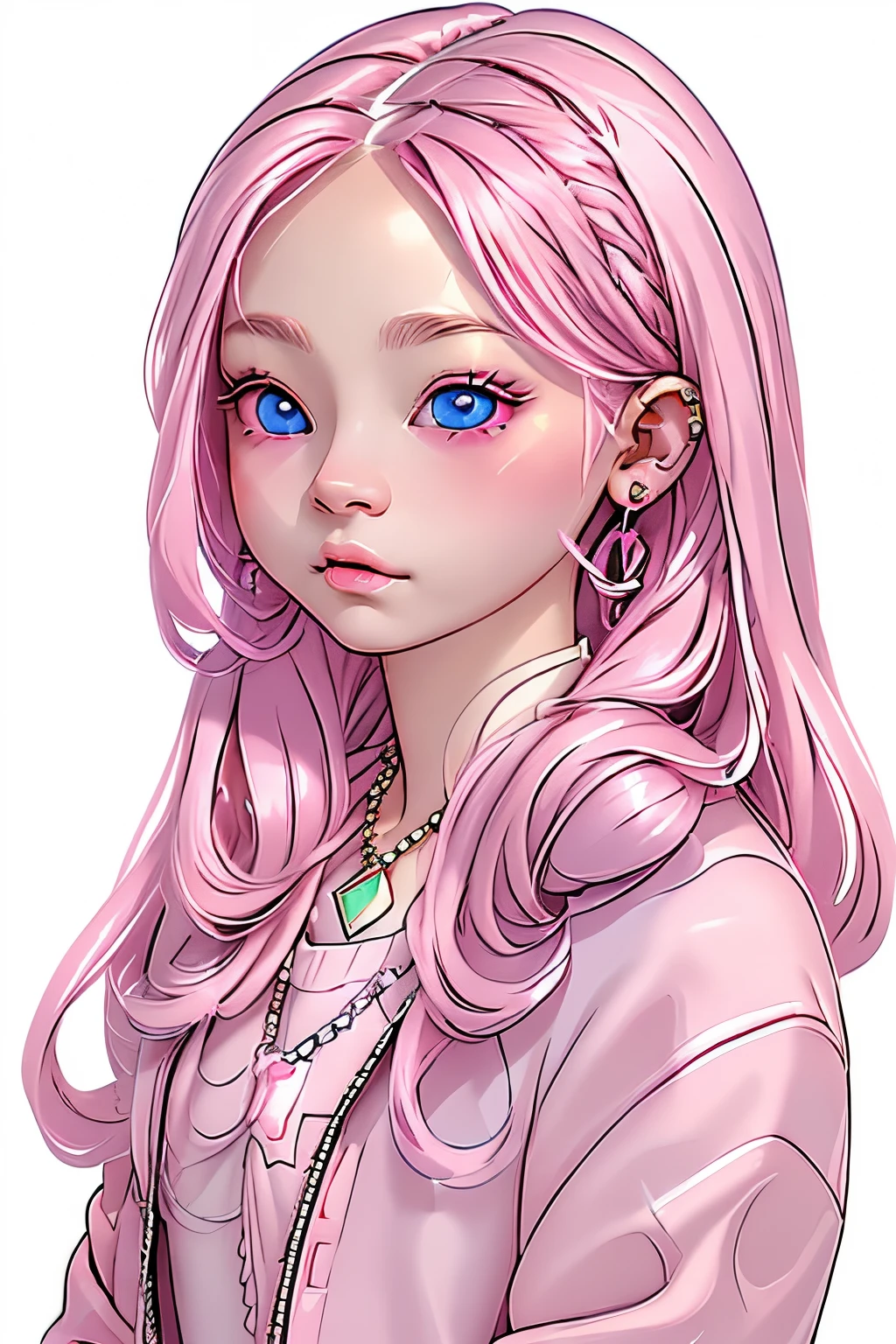 rainbow, 1girl in, Solo, Long hair, Looking at Viewer, Blue eyes background, White background, Jewelry, Closed mouth, Jacket, Upper body, Pink hair, earrings, Pink eyes, Necklace, From Side, Sweaters, Lips, Eyelashes, makeup, Wavy Hair, Piercing, Cross, lip stick, ear piercings, eyeshadows, hoop earrings, Pink lips, multicolored eyes, Pink Theme, , Pink Eyeshadow,