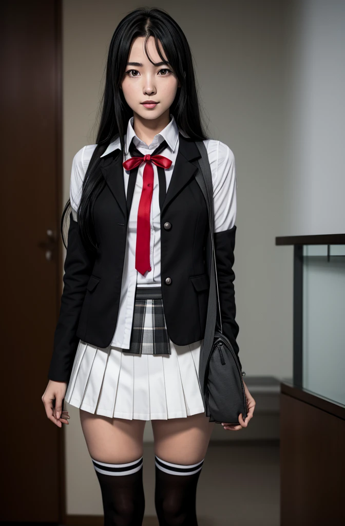 1 girl as yukino yukinoshita, absurdres, highres, solo, school uniform, big breasts, waist long black hair, (twintails:0.5), miniskirt, black thighhigh socks, loose red ribbon, unbuttoned white shirt