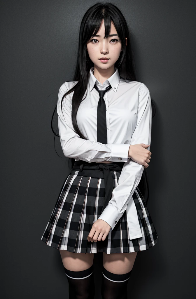 top-quality、masterpiece、1 girl in、A slender、small tits、Summer Uniform、hyperdetailed face、Detailed eye、二重まぶた、Black pleated skirt、knee high socks、full bodyesbian、without background、Beautiful abs、Navel