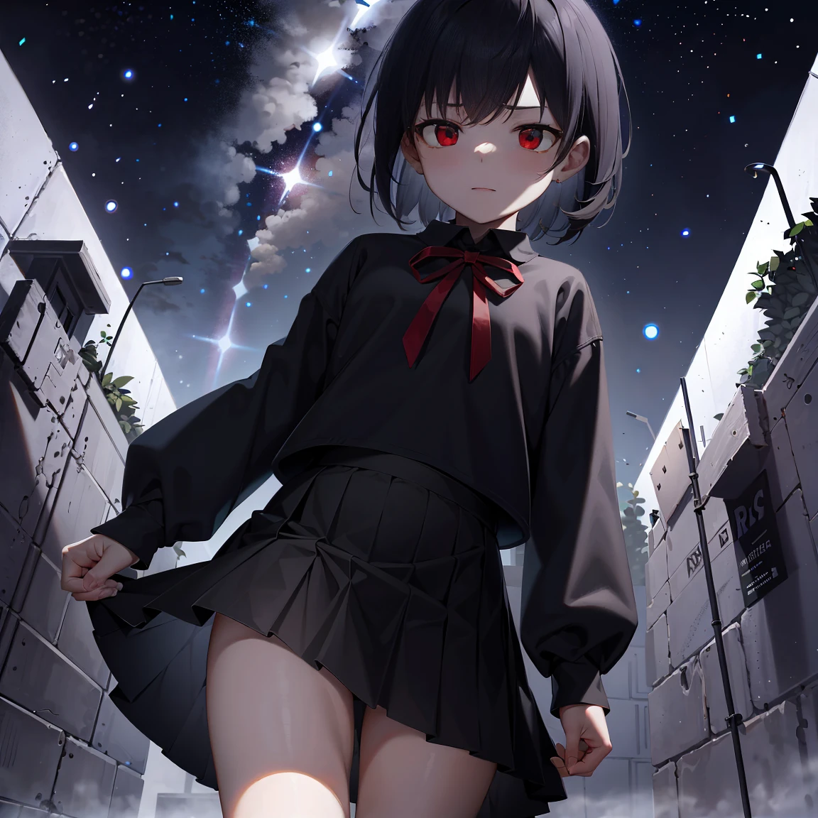 ​masterpiece, accel_nffsw,｛**********｝ jumper skirt, red eyes, up close shot, scattered night flash background, under the starry sky;Meteor shower background, ighly detailed, (murky:1.3), murky, The dim, nffsw, vignettes, Unclean, (Slate atmosphere:0.8)，Shining starry sky