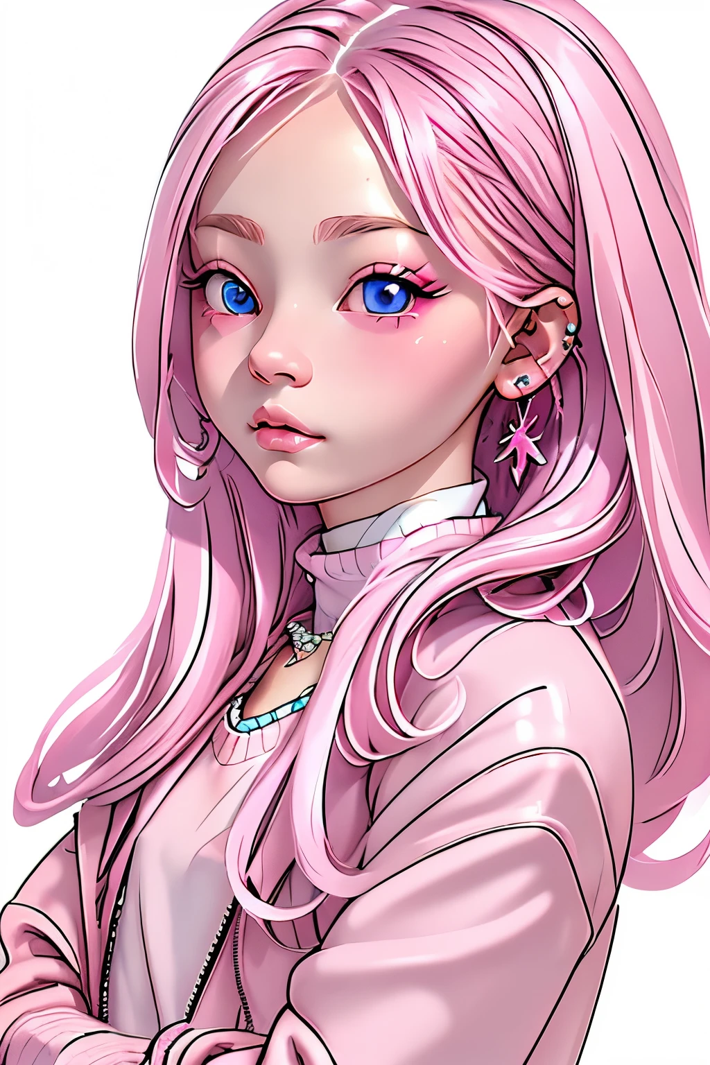 rainbow, 1girl in, Solo, Long hair, Looking at Viewer, Blue eyes background, White background, Jewelry, Closed mouth, Jacket, Upper body, Pink hair, earrings, Pink eyes, Necklace, From Side, Sweaters, Lips, Eyelashes, makeup, Wavy Hair, Piercing, Cross, lip stick, ear piercings, eyeshadows, hoop earrings, Pink lips, multicolored eyes, Pink Theme, , Pink Eyeshadow,