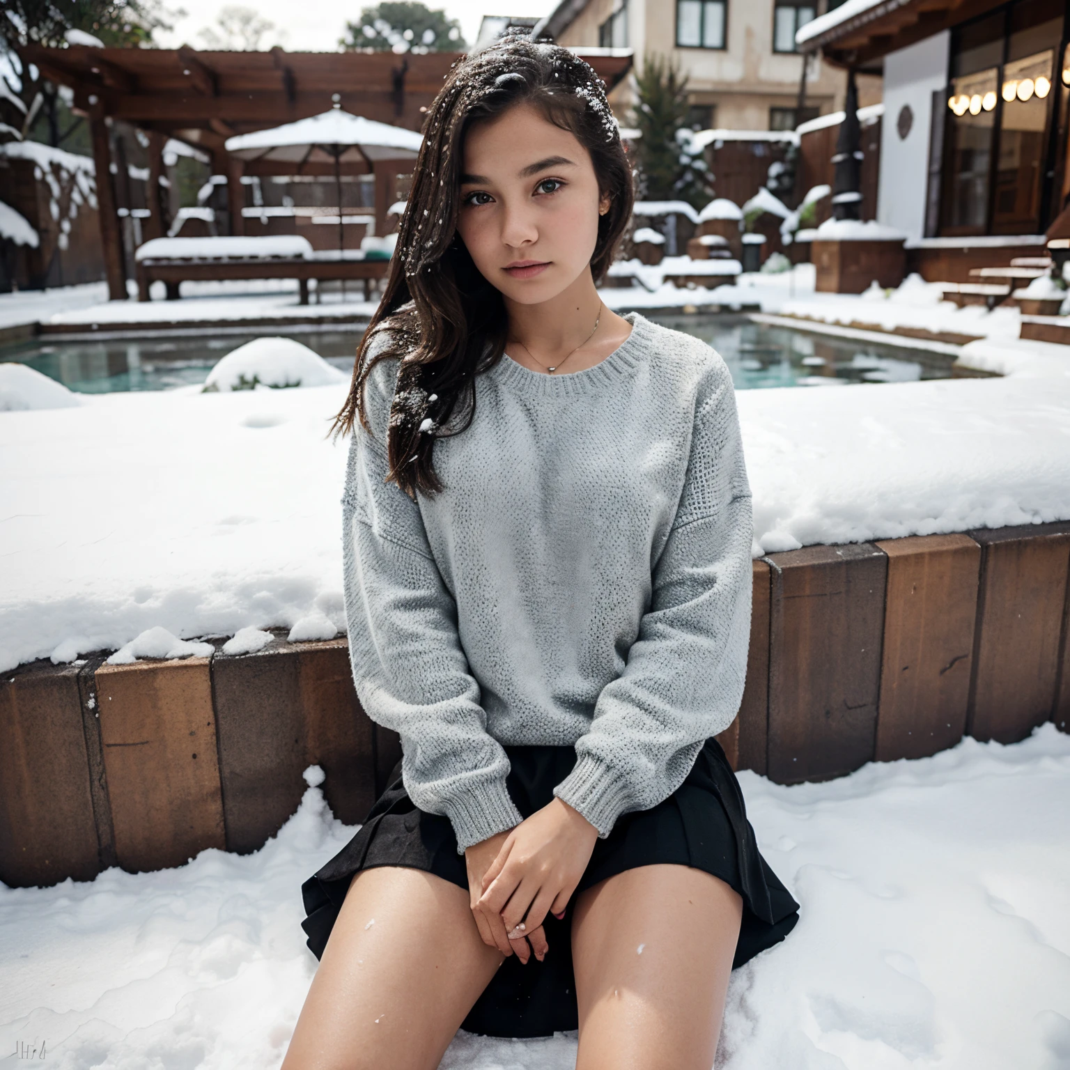  girl in miniskirt and sweater sitting in the snow