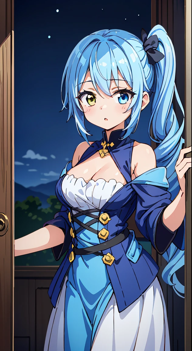 (masutepiece, Best Quality, Perfect Anatomy, High quality:1.4), nice hand, Perfect hands, Detailed beautiful hands, Large_filesize, fulcolor, hight resolution, symmetric, exceptional, Best aesthetic, newest, Anime, very beautiful detailed body,The hair,faces,The eye,BREAK,



1 beautiful girl, 1 person,Solo,(Cute:1.5),(Chibi:0.6),(kawaii:1.5),(Lori:0.5),(17 years old girl),Very detailed,colourfull,highest details,Clear skin,Beautiful skin,Shy,Very detailed,colourfull,highest details,Clear skin,Beautiful skin,Shy skin,1 beautiful girl,BREAK,{Heterochromia,blue eyess,verd s eyes:1.9},star eye silhouette, BREAK,(pale blue hair, Medium length:1.4),(Side Ponytail,A little curly hair,Single-sided twisted blade,Princess Cut:1.3),(cleavage of the breast,Large breasts,Beautiful , gleaming skin,Clear skin, Beautiful skin,(best quality face),(Top quality glowing eyes),(Doya face,brave face:1.45), 

BREAK ,(plein air),
( Landscape background :1.3) ,
(A very beautiful woman seen from the entrance :1.3) ,
(the woman arrived home :1.3) ,
(opened the entrance door :1.4),
(SWAT standing:1.3),
(the i&#39;full of shyness :1.4),
(timid :1.2) ,
(upward looking gaze :1.2) ,
Looking Up ,
From  above ,depth of fields,

 BREAK,wakame,wakame,wakame,(Cowboy Shot:1.4), 

BREAK,(Blurry background:1.3),(absurderes, hight resolution, Super Detail Art),cel shading,Clear Color, Lonely optical effect, Beautiful pictures, Bright glow, mystic atmosphere,(Close-up of girl:1.1), Mystical light particle effect,manga influence, clean line drawings,