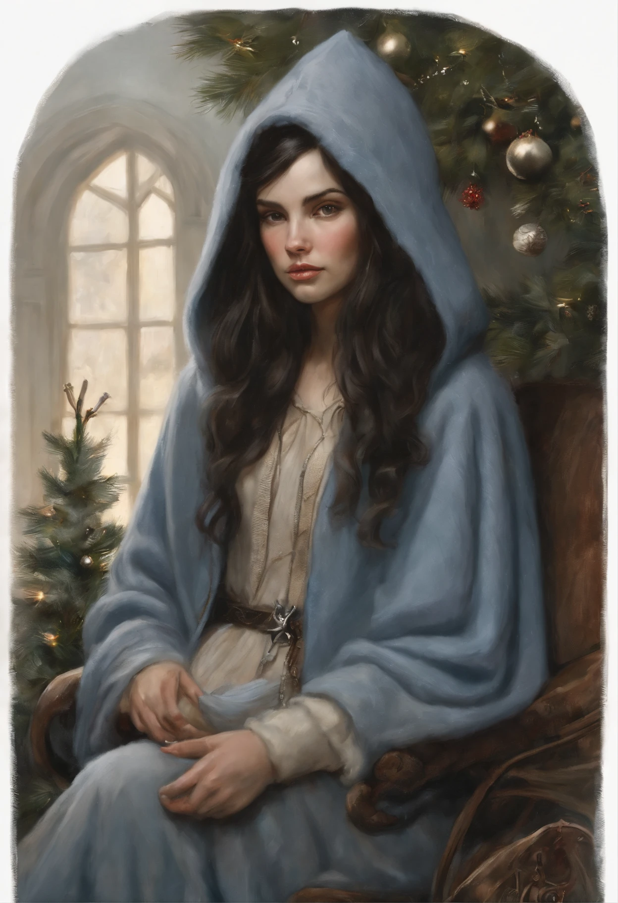 真实感, a painting, fantasy tale, Christmas style, John Tolkien style, Small painting by Jean-Baptiste Monge, portrait of a rocker girl with black Straight hair cascading from under the hood with soft facial features,  Rocker girl soft facial features,  With light makeup,  dark pink lips,  lip shape"pearlescent" ,"curved eyebrows in the shape of Engriberts, blue eyes, heavy-lidded eye shape,   in a knitted hood, black Straight hair sticking out from under the knitted hood, sitting cross-legged in a large soft chair near the Christmas tree, the fireplace is burning in the back,  Wearing trousers,  Wearing a knitted lilac blue hooded sweater, Human hand, very clear without flaws with five fingers, mischievous character, Christmas tree, Gifts, Jean-Baptiste Monge, anthropomorphic --ar 2:3 --testp -optimistic;