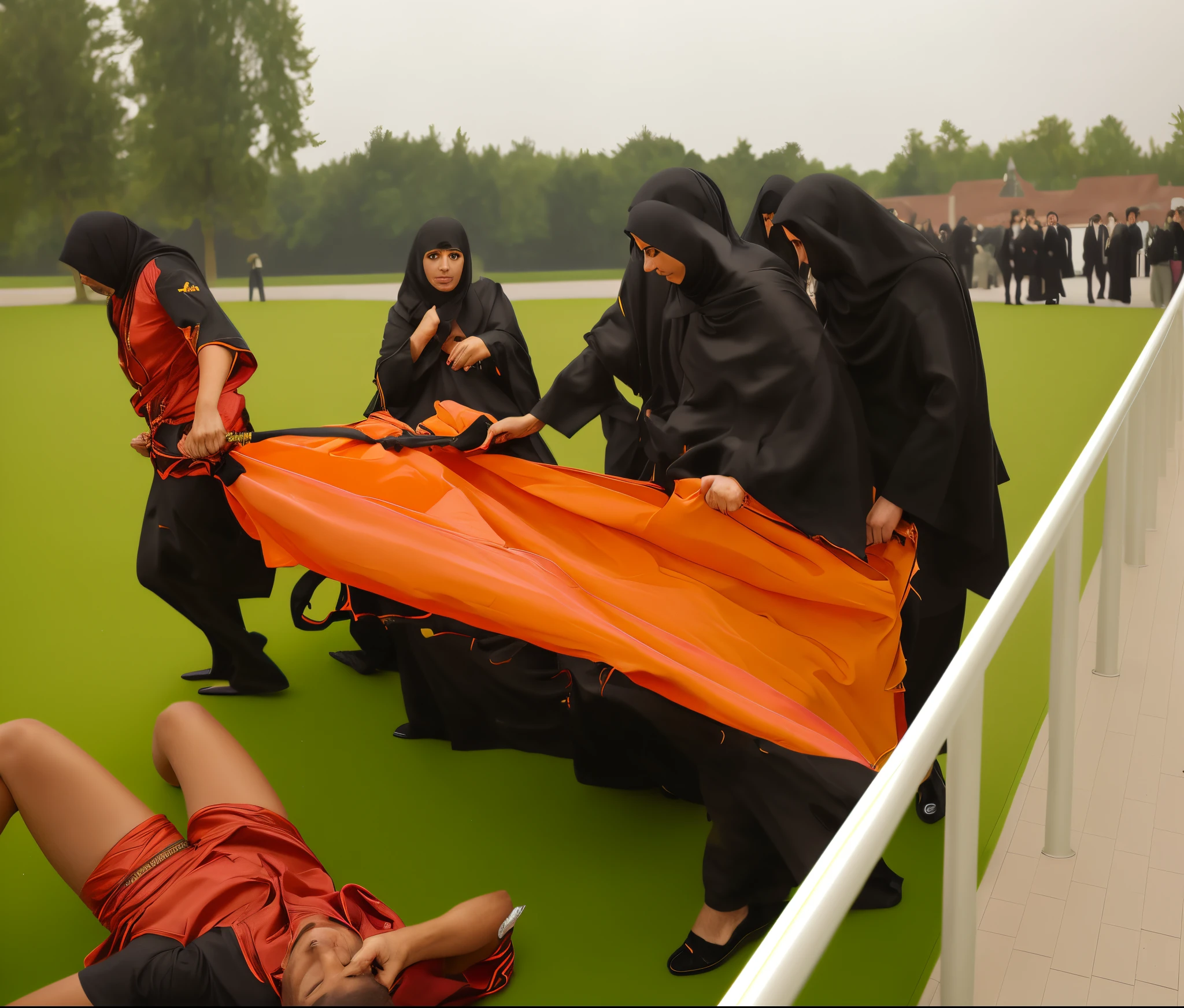 Several women in black and shiny abayas stand around a man, der am Boden liegt, Echtes Foto, Realistische Szene, Kraftvolles Foto, Sportverletzung, Erste Hilfe, Tragbahre, Echt realistisches Bild, gettyimages, arabische ringerfrau, verletzt, Epische Szene, sehr leistungsstark, Nice picture, Virales Foto, 3274589695, Foto-Shot, Intensiver Moment